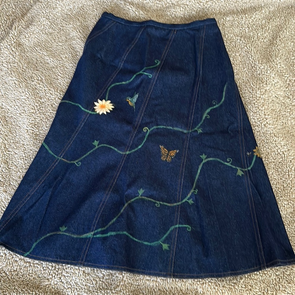 Denim skirt with hand painted birds and butterflies